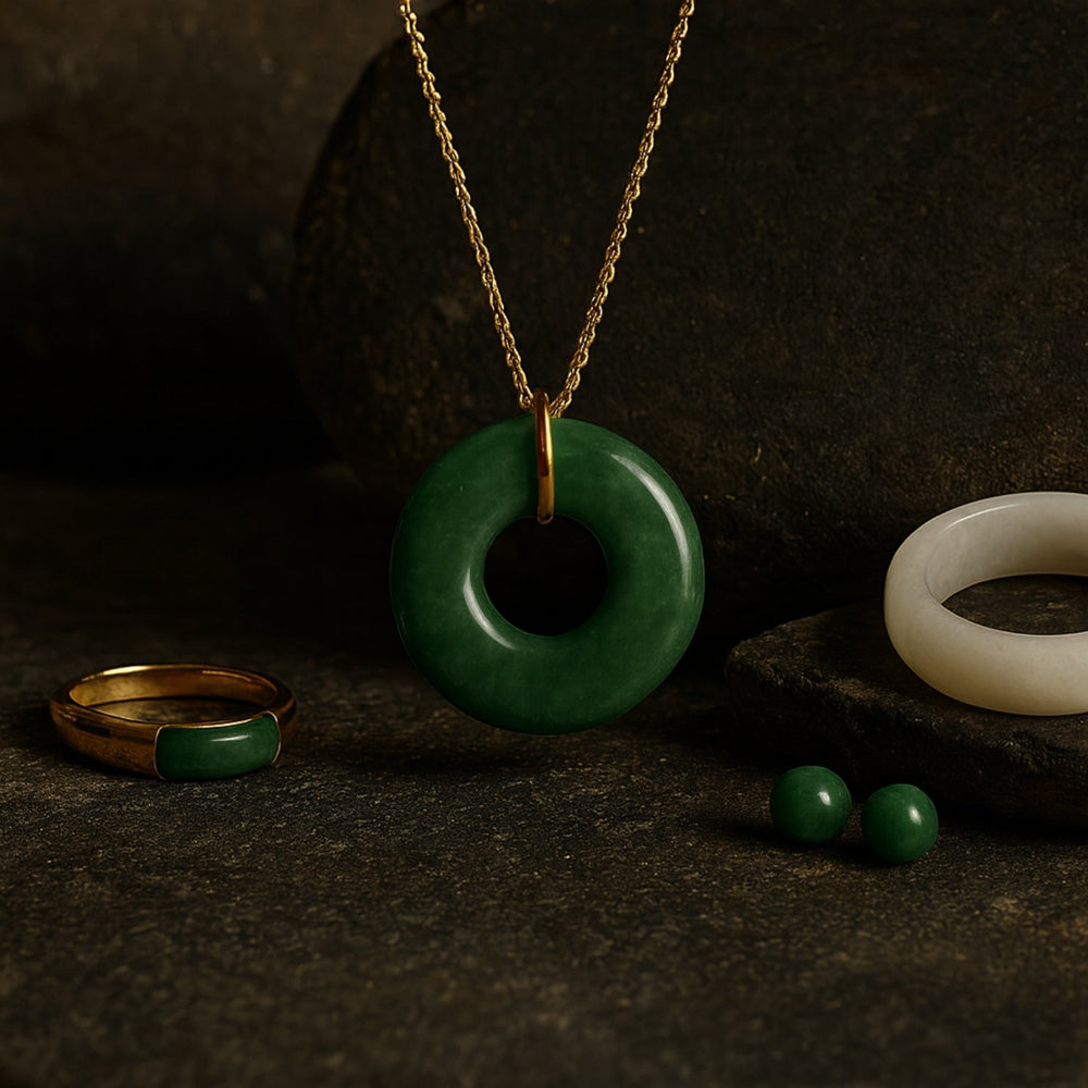 Green jadeite circle pendant on gold chain with matching jade gold ring, jade stud earrings, and white jade bangle on dark stone background.