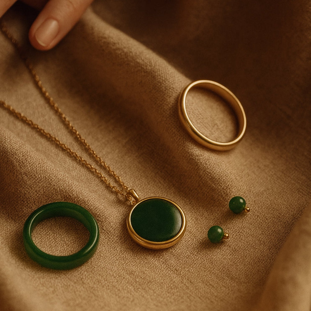 Flatlay of jade and gold jewelry set including jade pendant necklace, jade ring, jade stud earrings, and gold band on warm fabric background.