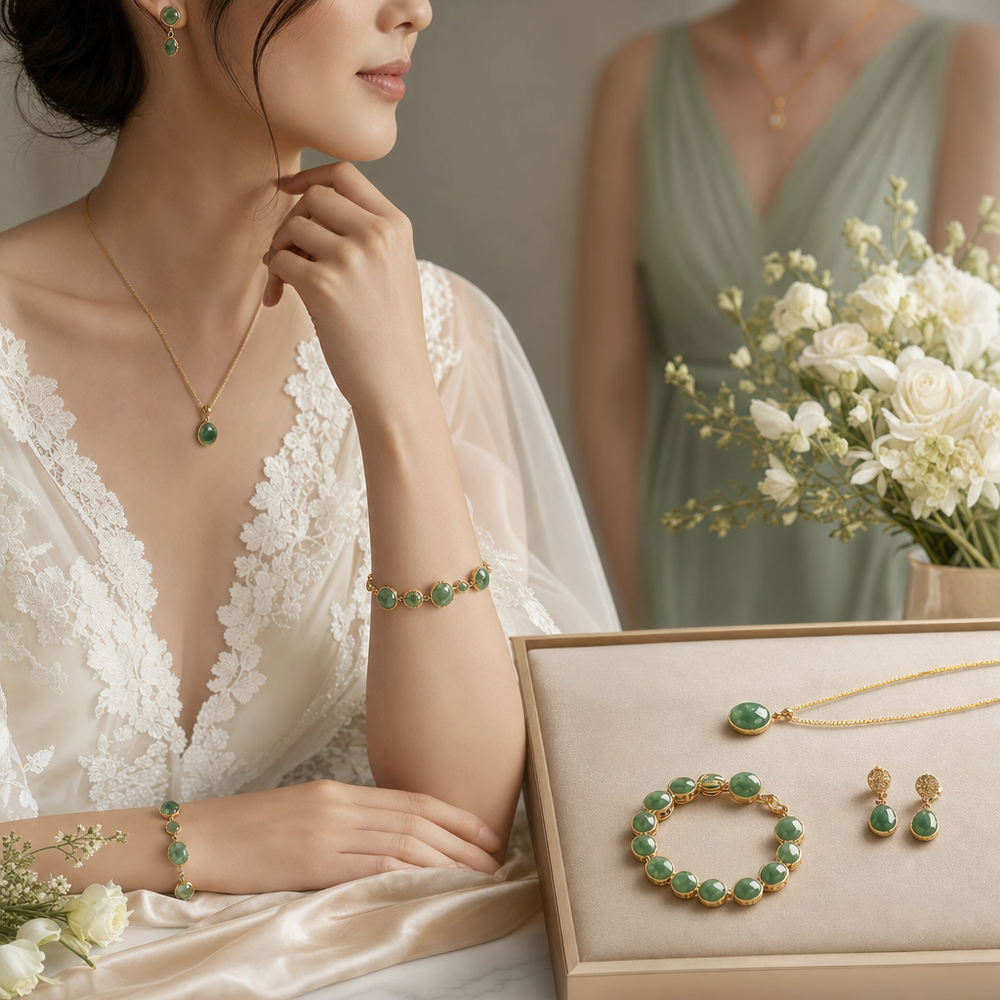 Featured image for Jade and Gold Bracelet Wedding Styling: Match Dress Necklines and Bridesmaid Jewellery with Ease