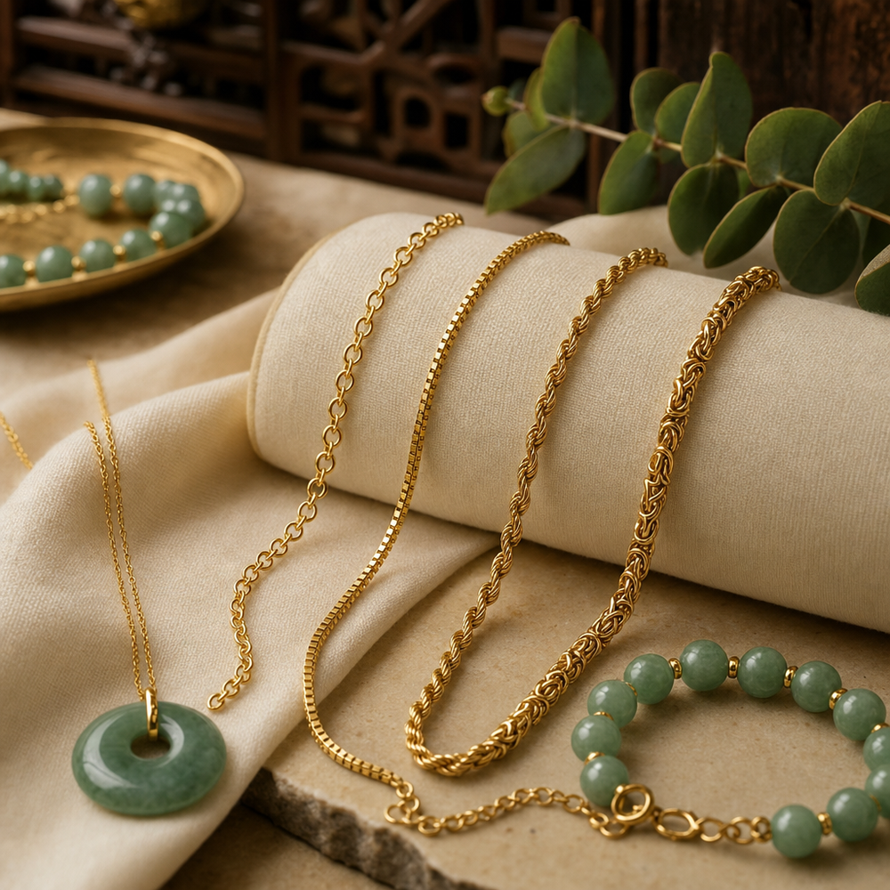 Featured image for Gold and Jade Necklace Chain Types Explained: Cable, Box, Rope, and Byzantine