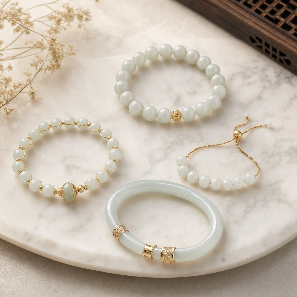 Featured image for White Jade Bracelets by Construction: Stretch Cord, Wire-Wrap, Sliding Clasp, and Bangle Pros and Cons
