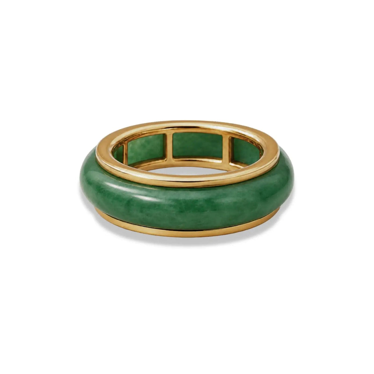 Green jade ring with gold band on a white background