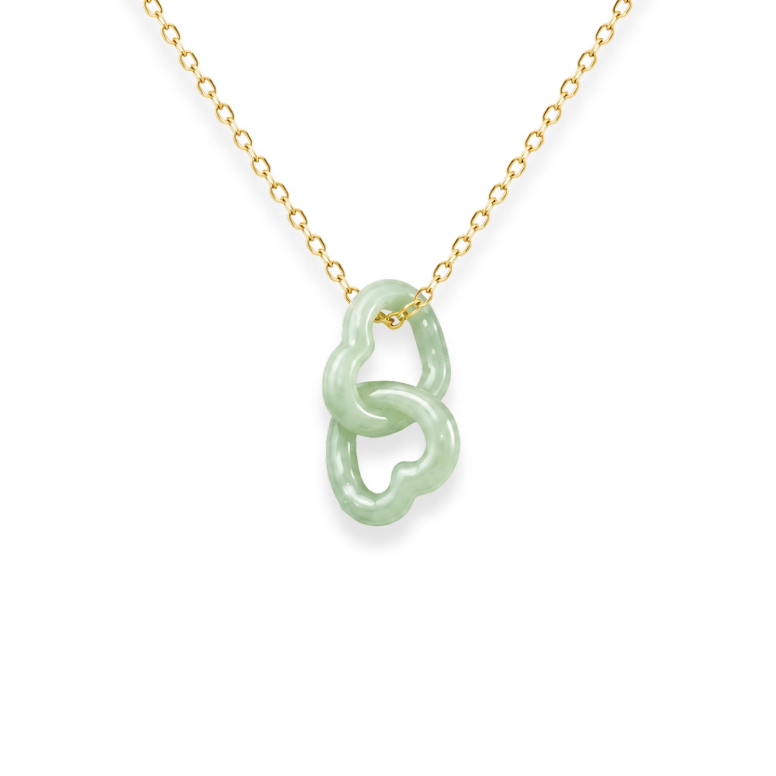Necklace with a jade pendant on a gold chain against a white background