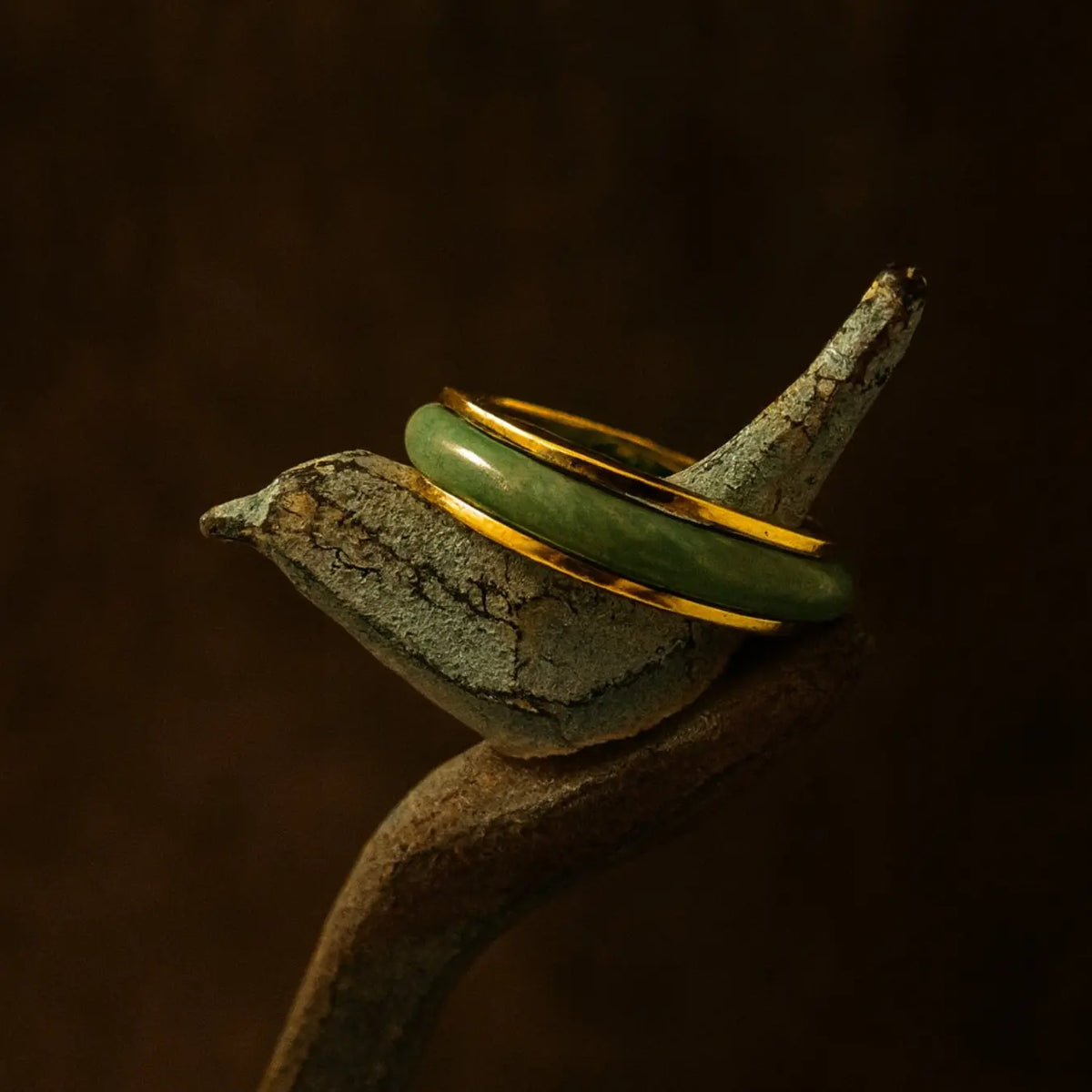 Top Angle of Jaura Ring in solid gold with natural jadeite, handcrafted in Canada – elegant and timeless design.