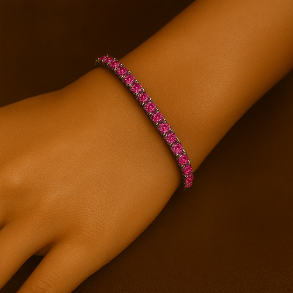 Pink beaded bracelet on a wrist against a brown background
