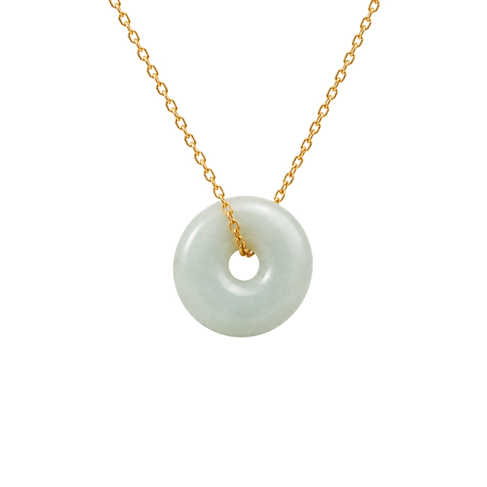 Necklace with a jade pendant on a gold chain against a white background