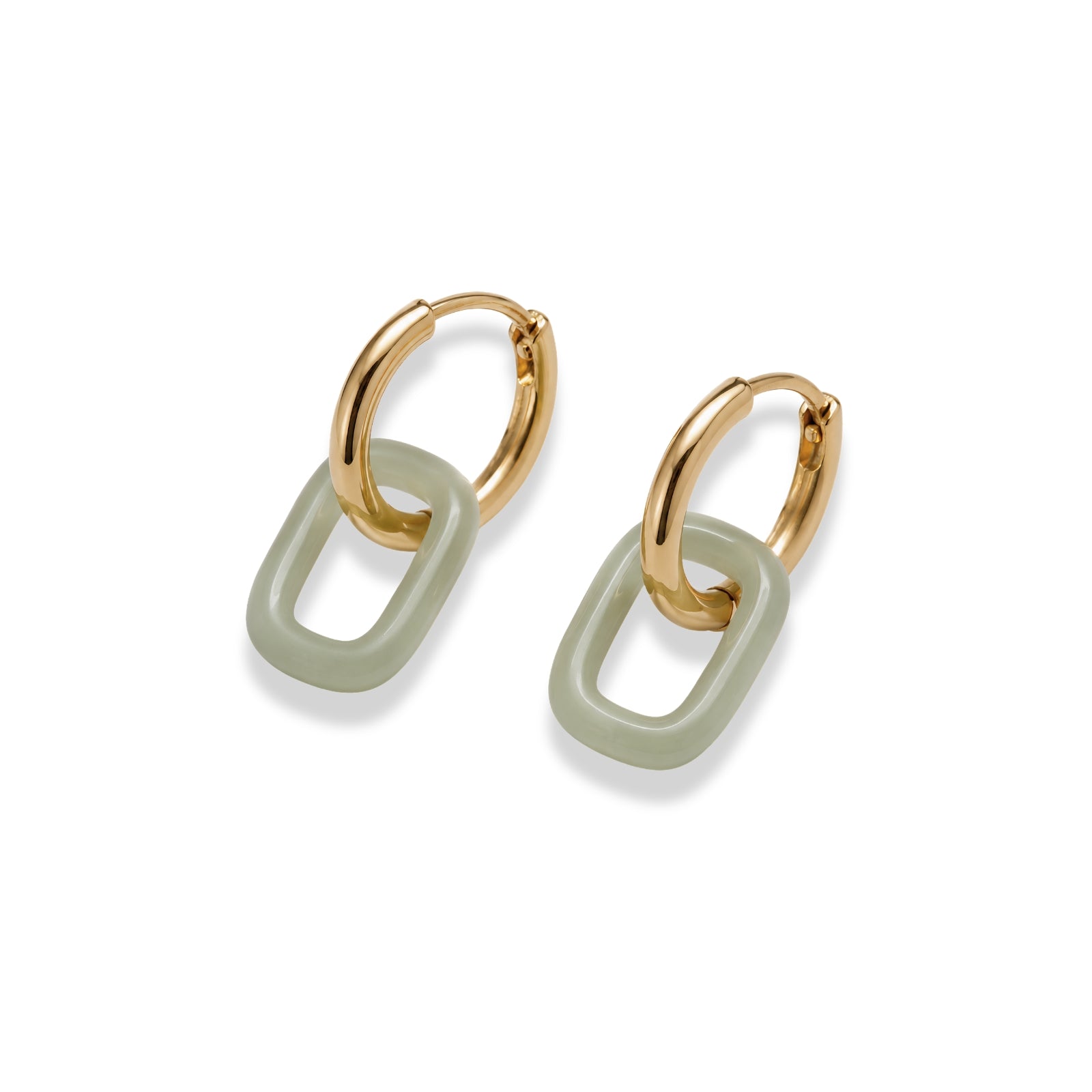 Gold hoop earrings with green jade-like connectors on a white background