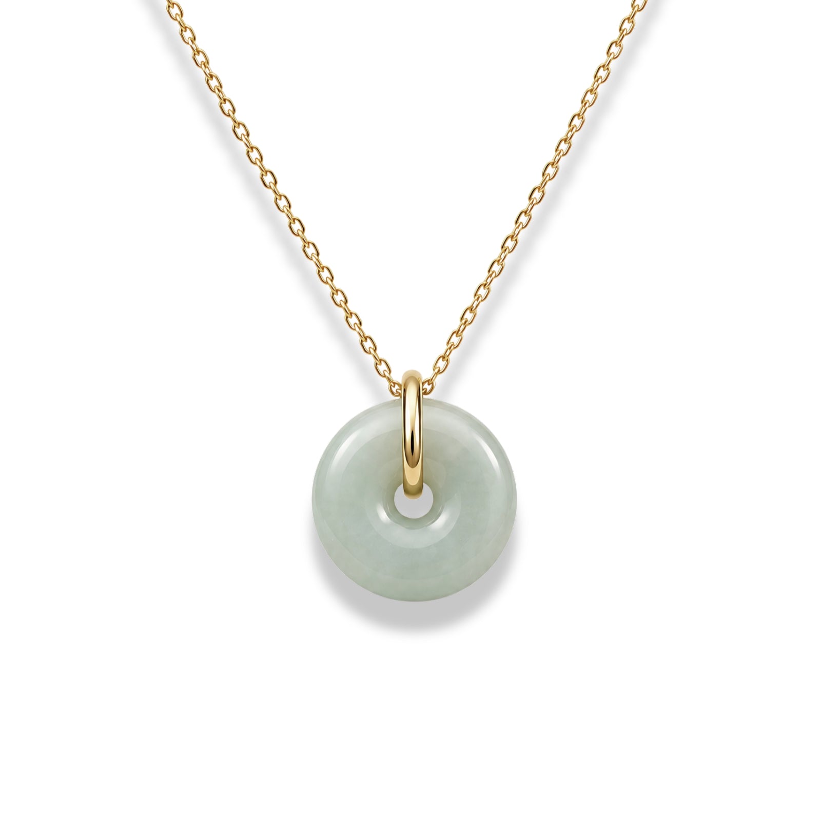 Necklace with a gold chain and green jade pendant on a white background