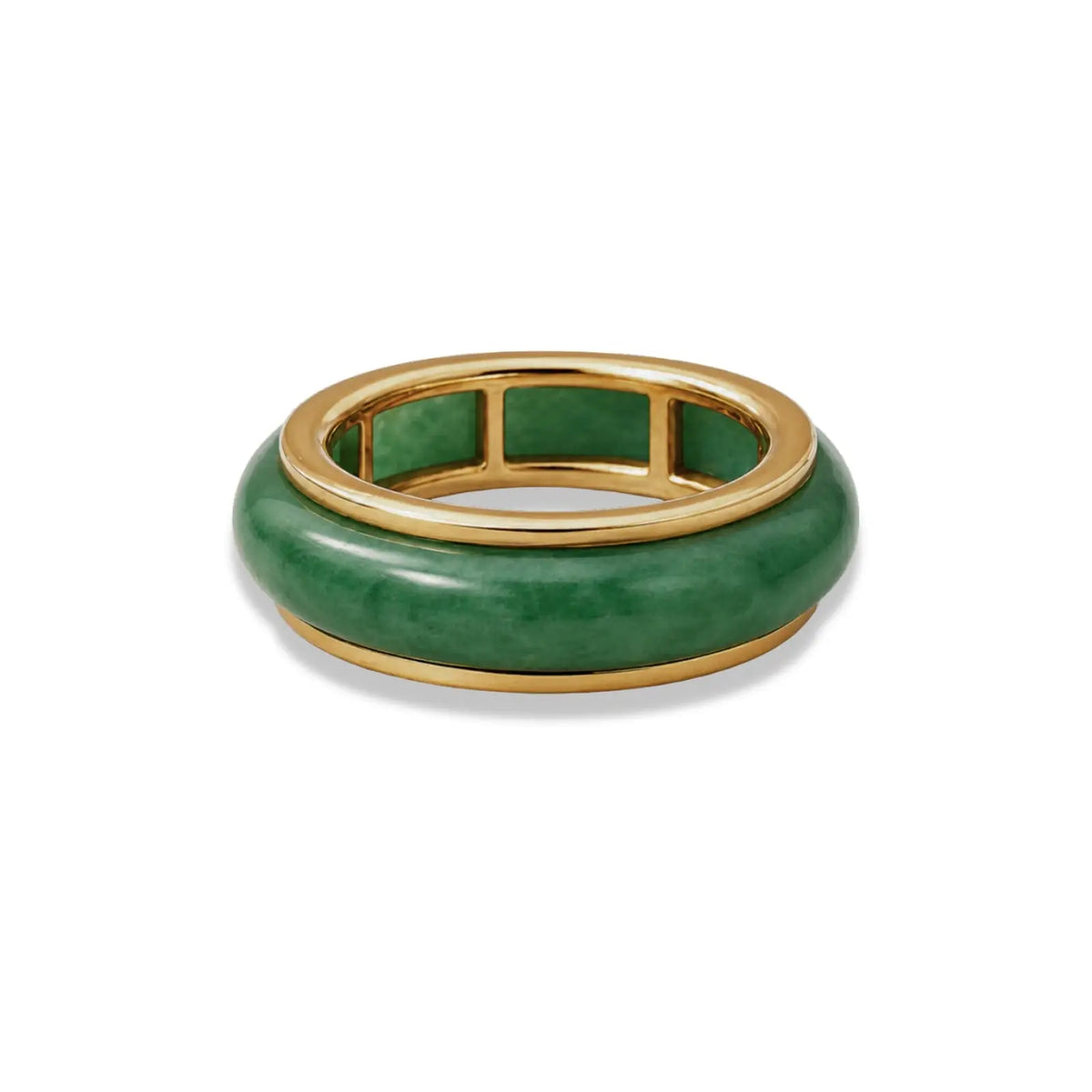 Green jade ring with gold band on a white background