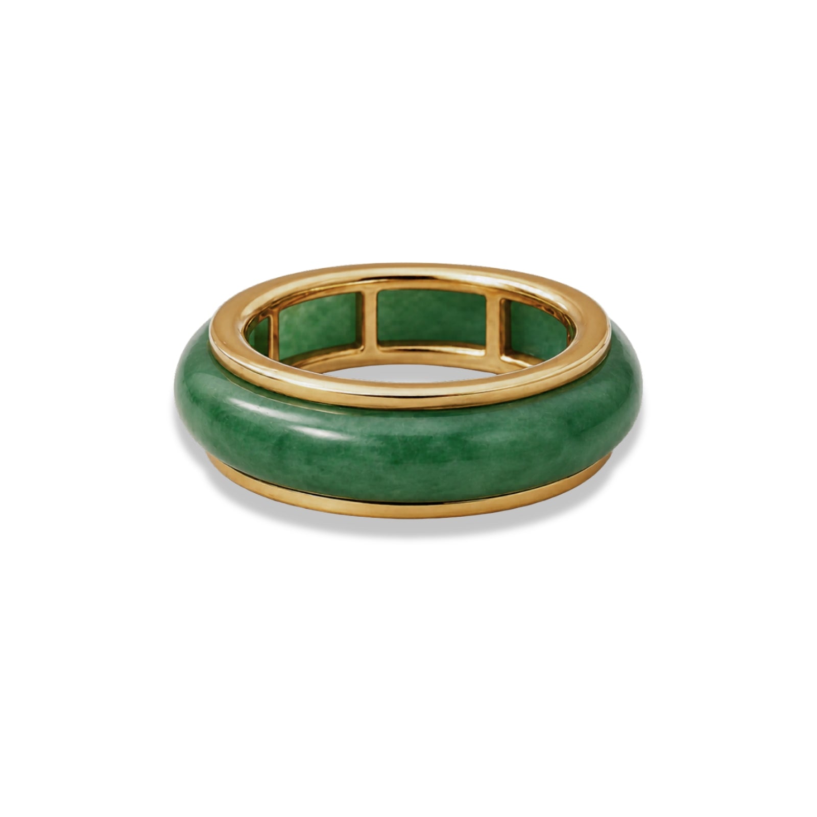 Green jade ring with gold band on a white background